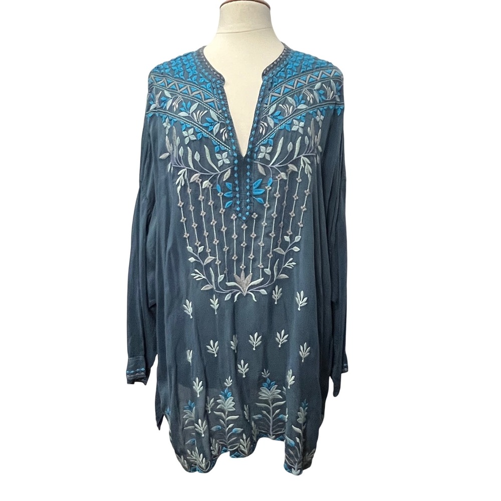 Johnny Was Women Hippie Blue Embroidered Cupro Tunic Top 2X Boho Cottage Peasant